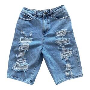 Collusion Long Length Bermuda Distressed Denim Shorts Size 4